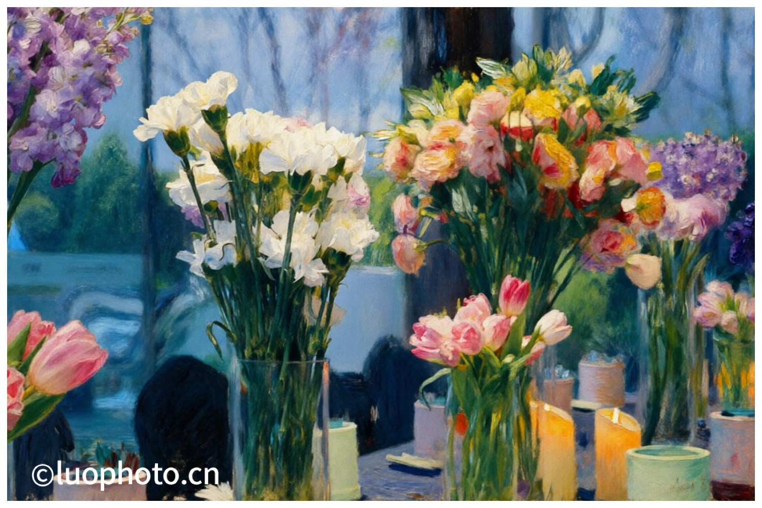 多组彩色鲜花插在透明玻璃瓶中，搭配蜡烛与小绿植，营造温馨浪漫的艺术生活角落