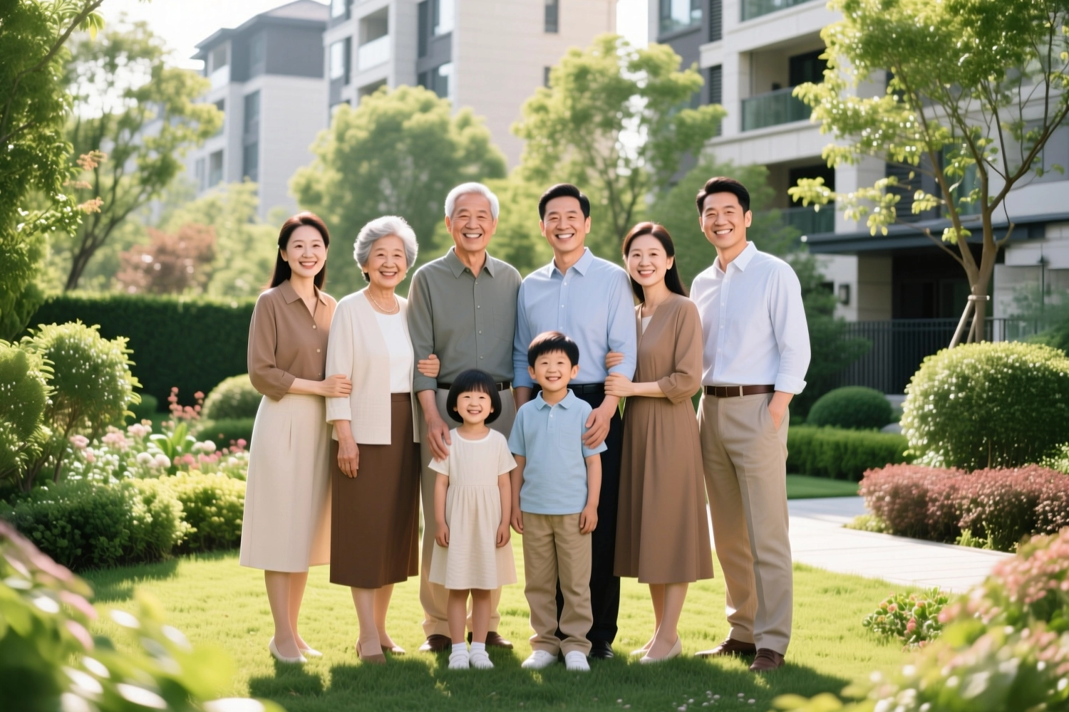 幸福三代同堂全家福在阳光花园中微笑合影，祖孙三代其乐融融